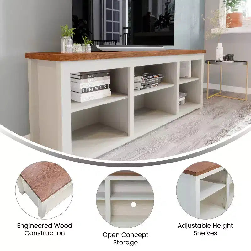 TV Stand for up to 80" TVs with 6 Open Storage Compartments in White/Walnut