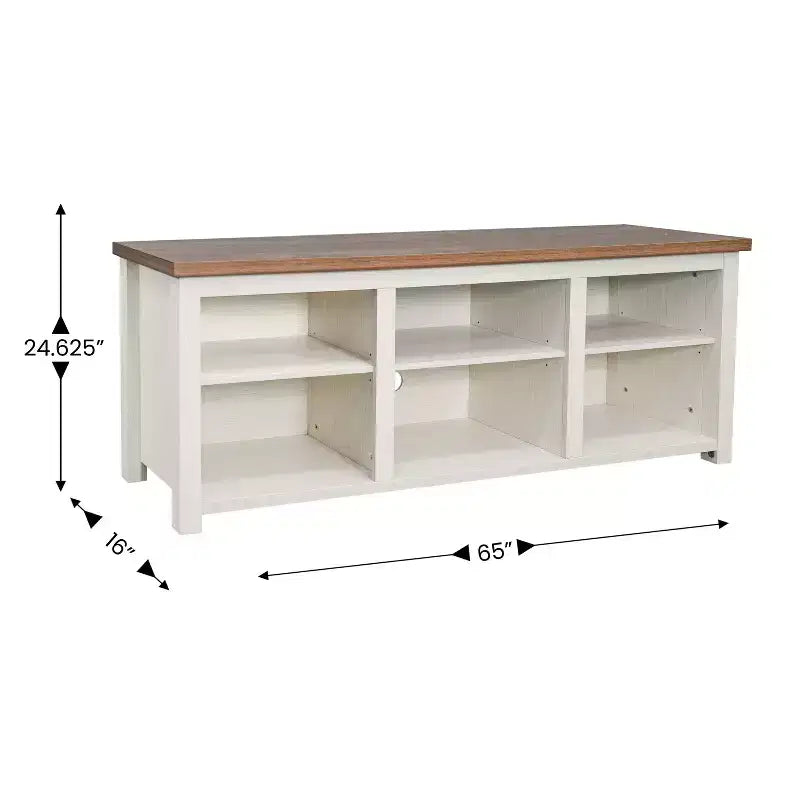 TV Stand for up to 80" TVs with 6 Open Storage Compartments in White/Walnut