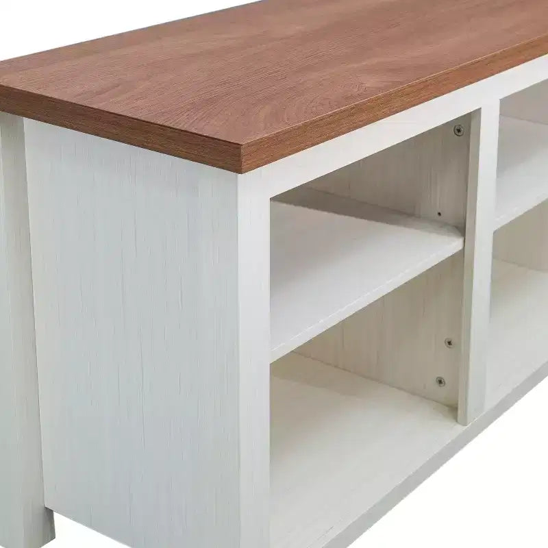 TV Stand for up to 80" TVs with 6 Open Storage Compartments in White/Walnut